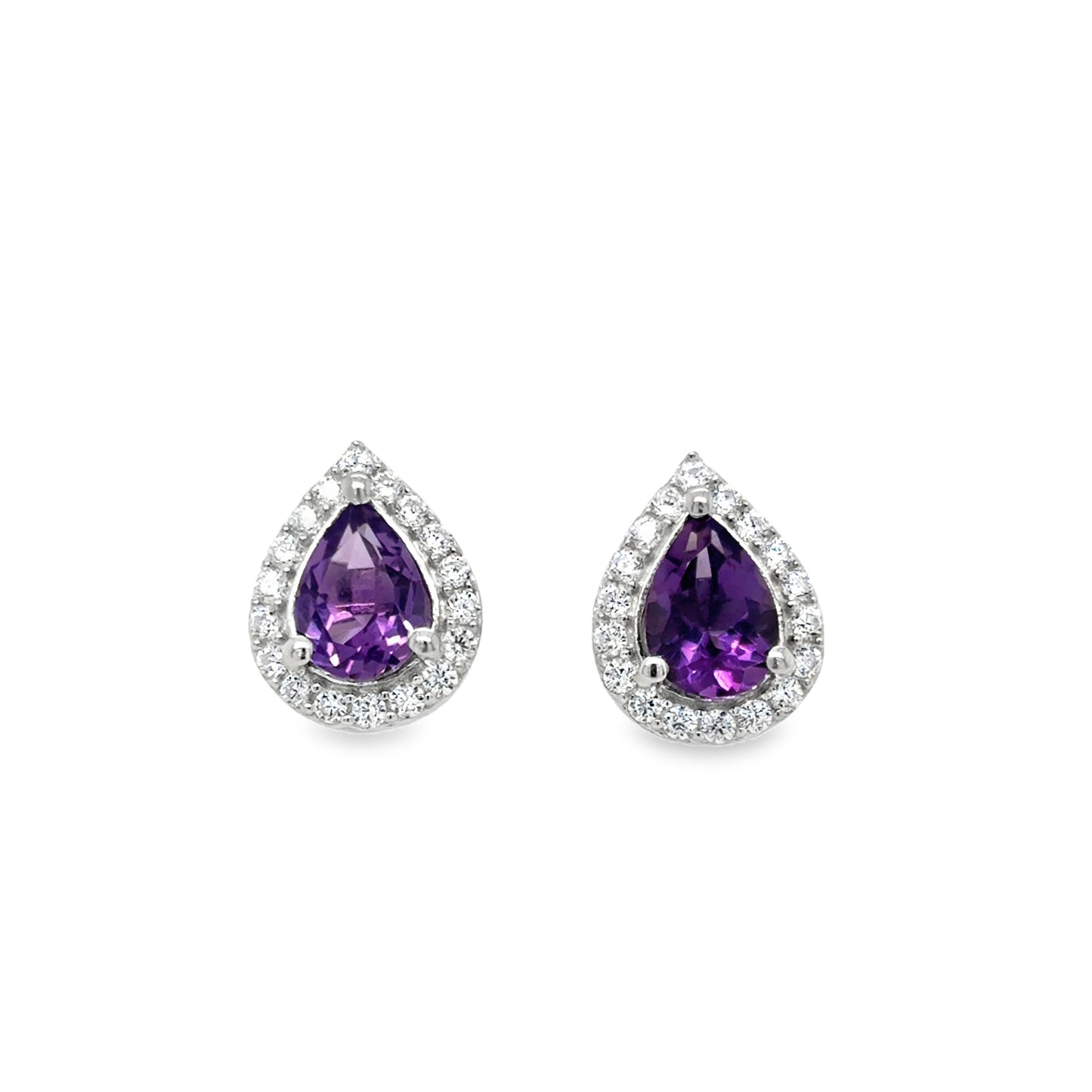 Sterling Silver CZ & Natural Amethyst Pear Halo Earrings