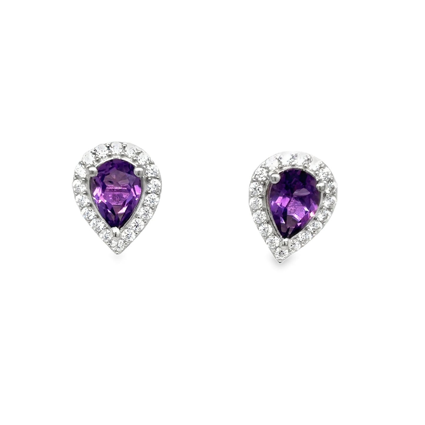 Sterling Silver CZ & Natural Amethyst Pear Halo Earrings