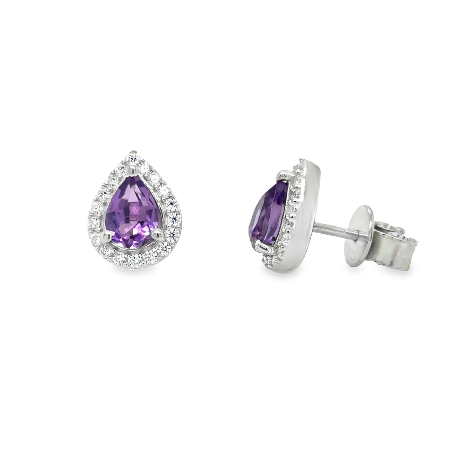 Sterling Silver CZ & Natural Amethyst Pear Halo Earrings