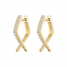 Sterling Silver Gold Plated CZ Crossover Hoop Earrings