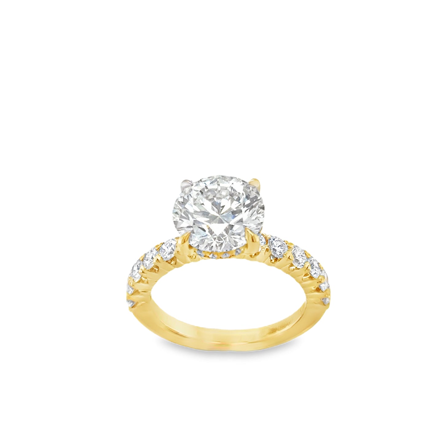 18ct Round Modified Brilliant Cultured Diamond Ring With Hidden Halo & Stone Set Shoulders 3.98ct