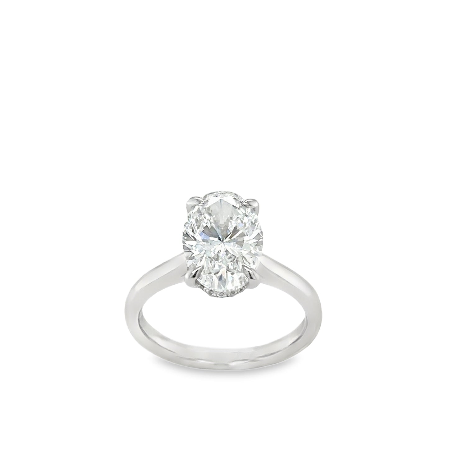 Platinum Oval Modified Brilliant Cut Modified Cultured Diamond Ring With Hidden Halo 3.15ct