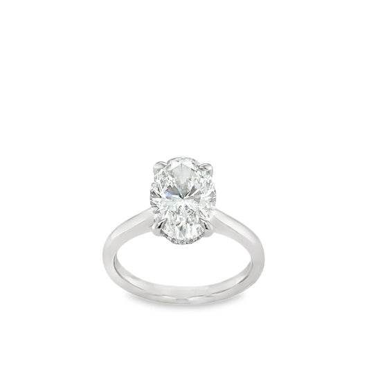 Platinum Oval Modified Brilliant Cut Modified Cultured Diamond Ring With Hidden Halo 3.15ct