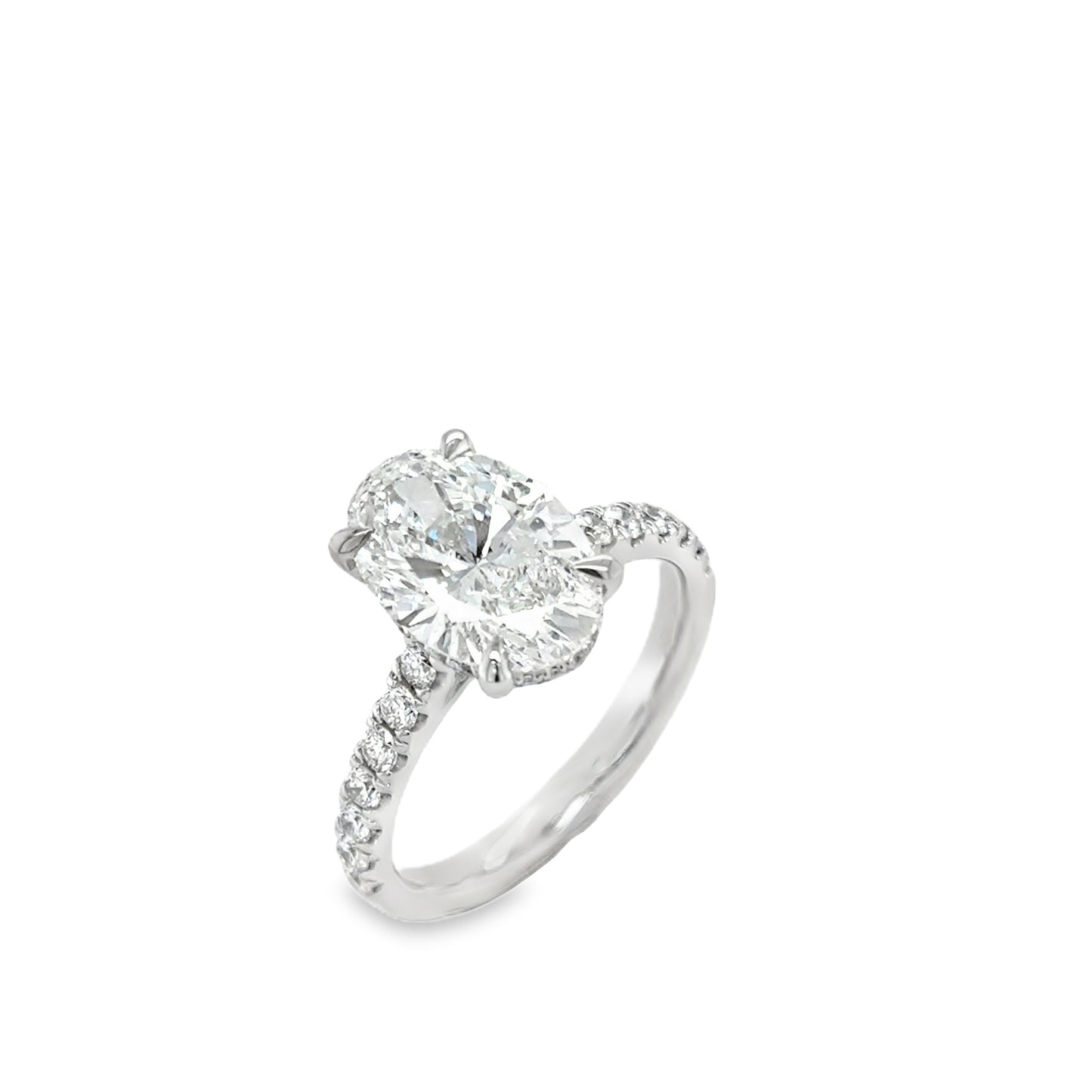 Platinum Oval Modified Brillant Cultured Diamond Ring With Hidden Halo & Stone Set Shoulders 3.59ct