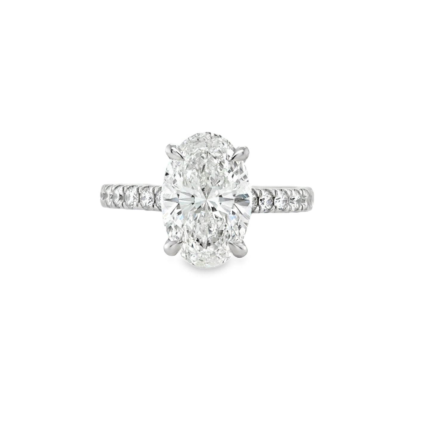 Platinum Oval Modified Brillant Cultured Diamond Ring With Hidden Halo & Stone Set Shoulders 3.59ct