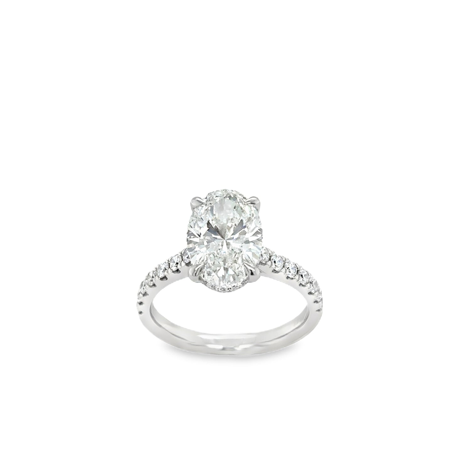 Platinum Oval Modified Brillant Cultured Diamond Ring With Hidden Halo & Stone Set Shoulders 3.59ct