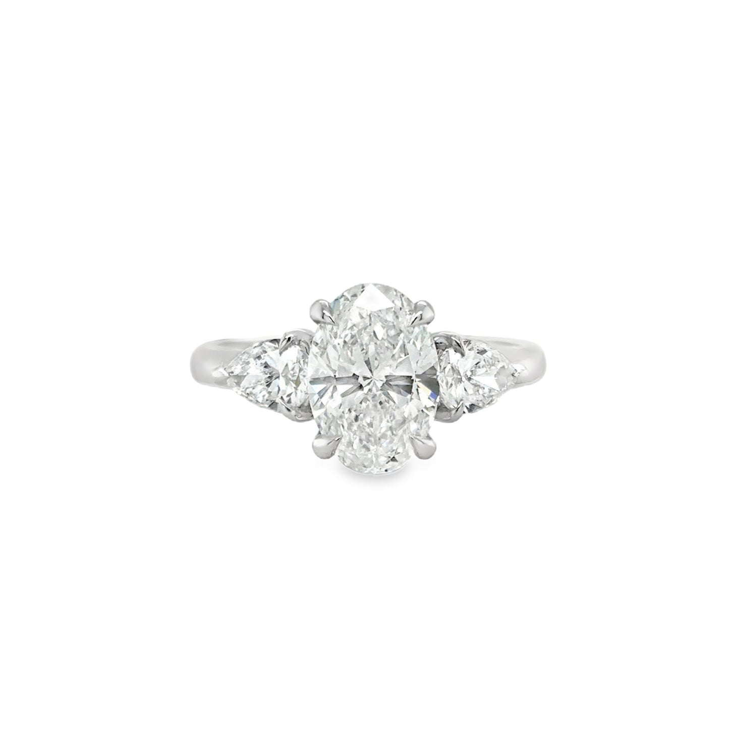 Platinum 3 Stone Cultured Diamond Ring Oval Cut Centre With Pear Shoulders 2.74ct