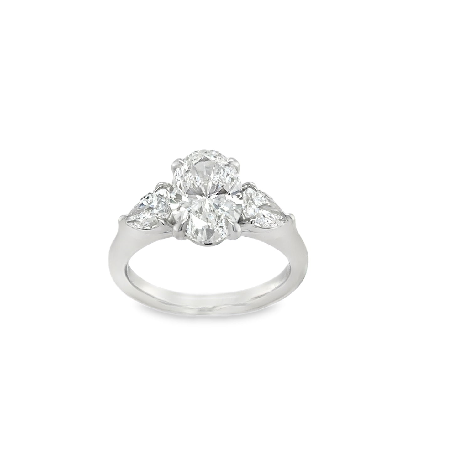 Platinum 3 Stone Cultured Diamond Ring Oval Cut Centre With Pear Shoulders 2.74ct