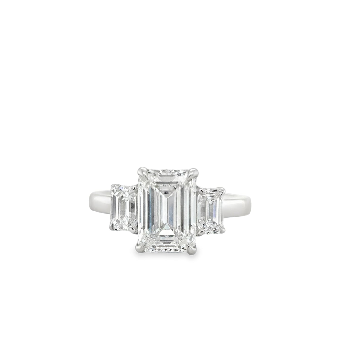Platinum 3 Stone Emerald Cut Centre Stone With Emerald Cut Shoulders Cultured Diamond Ring 4.19ct