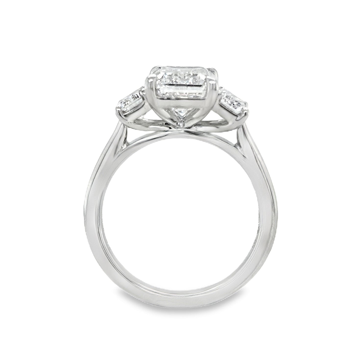 Platinum 3 Stone Emerald Cut Centre Stone With Emerald Cut Shoulders Cultured Diamond Ring 4.19ct