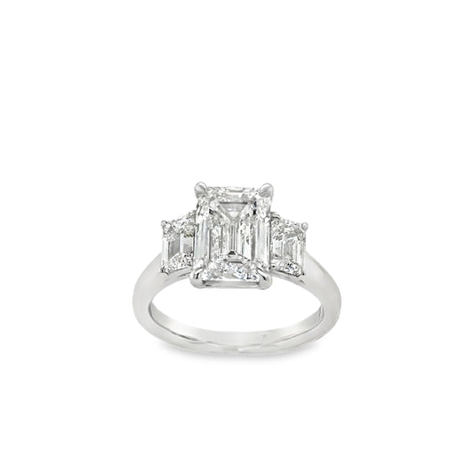 Platinum 3 Stone Emerald Cut Centre Stone With Emerald Cut Shoulders Cultured Diamond Ring 4.19ct