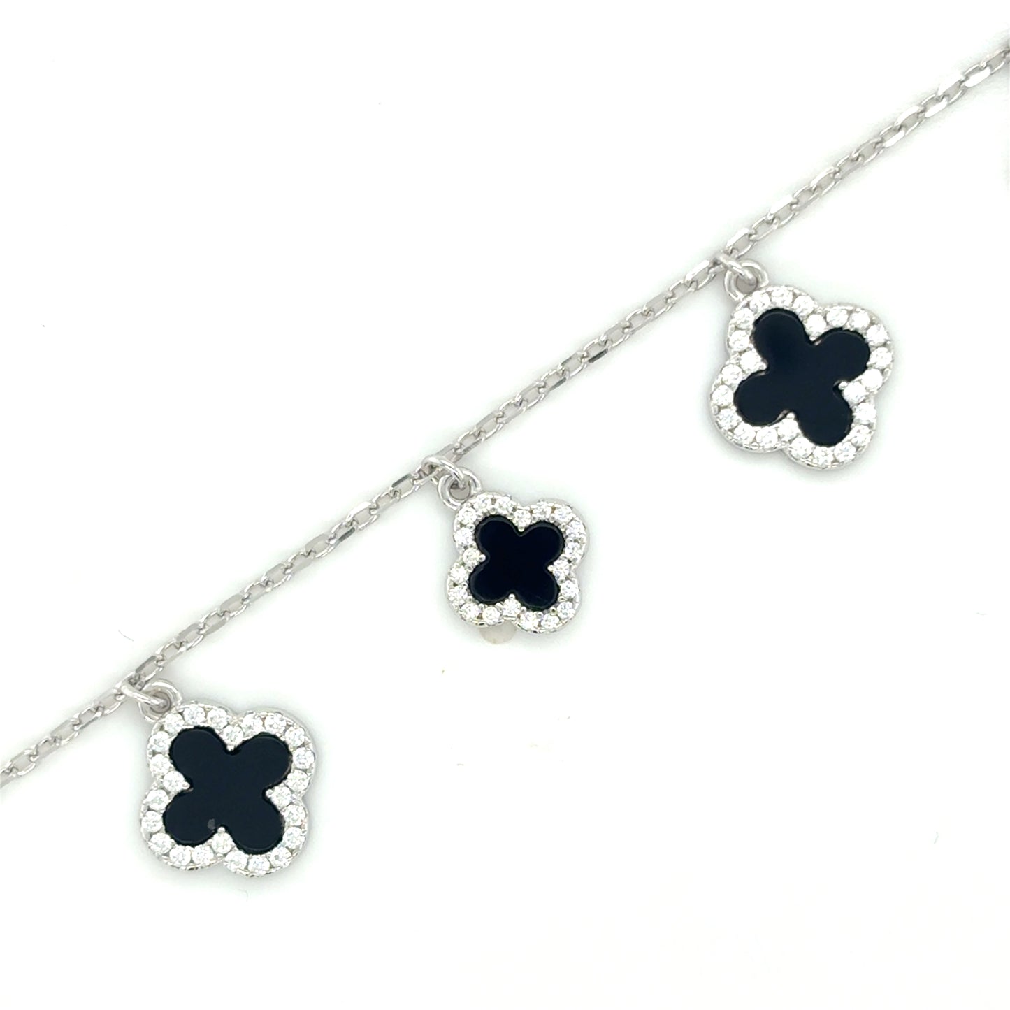 Sterling Silver CZ & Black Enamel Clover Bracelet