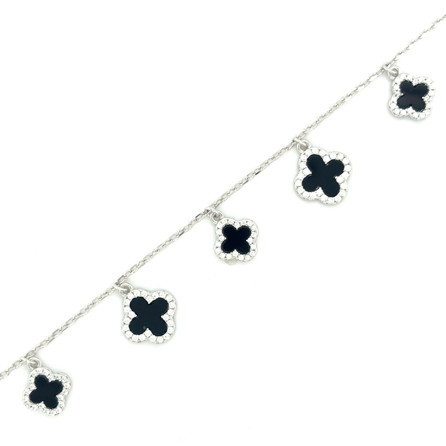 Sterling Silver CZ & Black Enamel Clover Bracelet