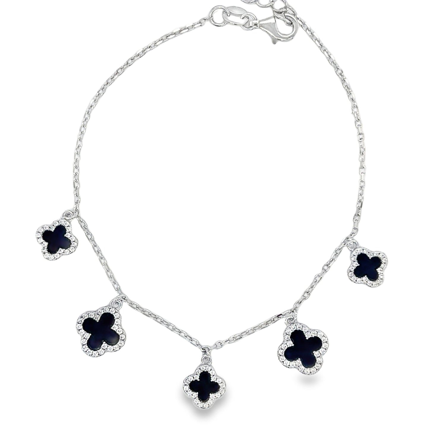 Sterling Silver CZ & Black Enamel Clover Bracelet