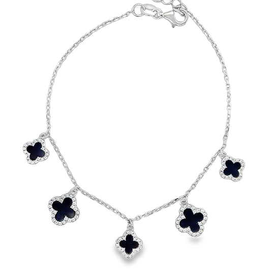 Sterling Silver CZ & Black Enamel Clover Bracelet