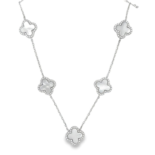 Sterling Silver CZ & Mother Of Pearl Clover Necklet