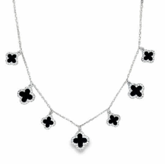 Sterling Silver CZ & Black Enamel Clover Scatter Necklet