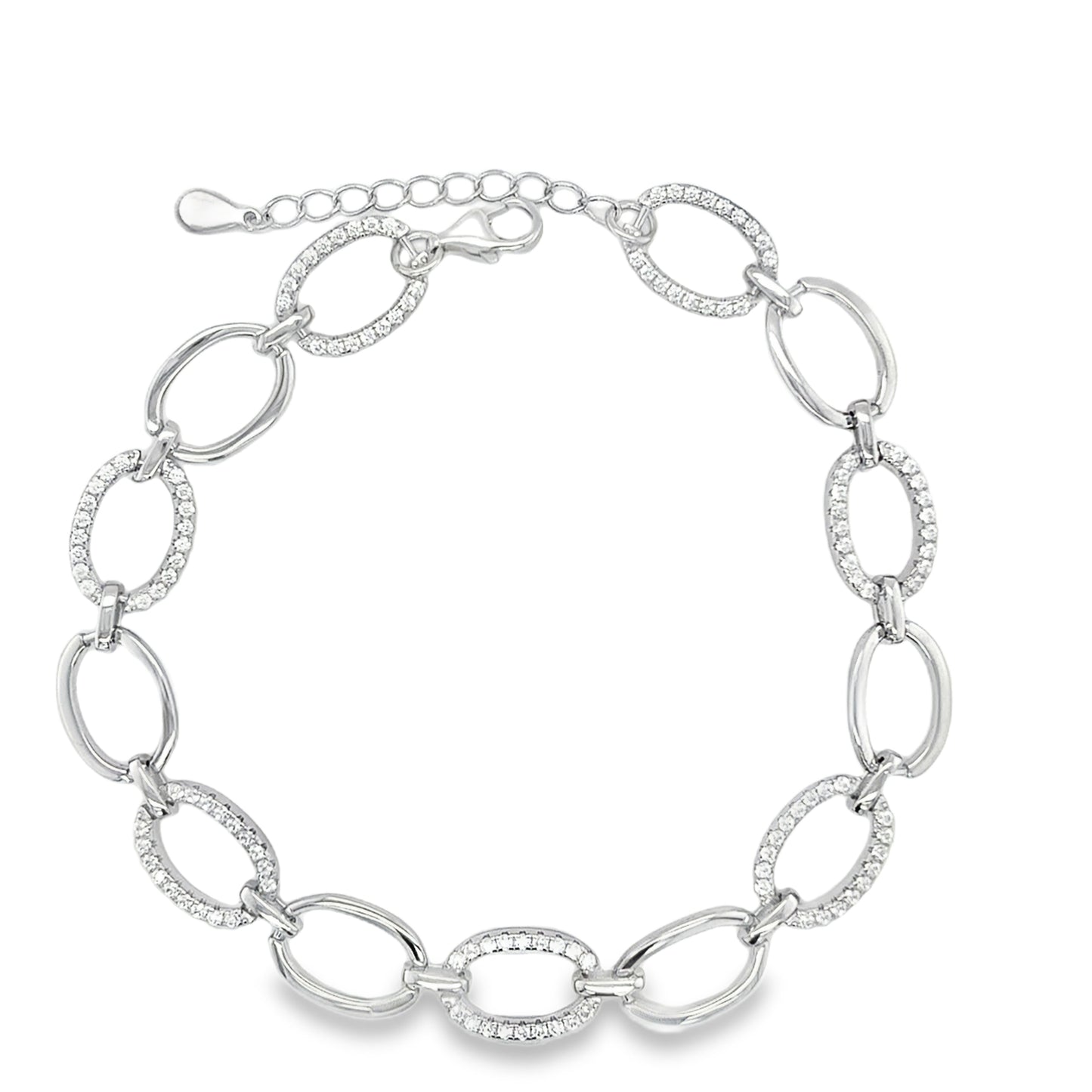 Sterling Silver CZ And Polished Open Oval Link Bracelet