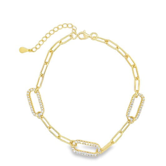Sterling Silver 14ct Gold Plated Paperlink Bracelet with CZ Detail