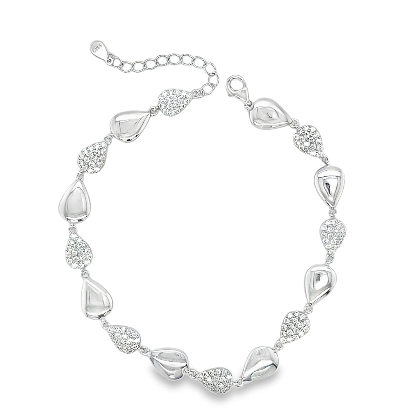 Sterling Silver CZ and Polished Tear Link Bracelet