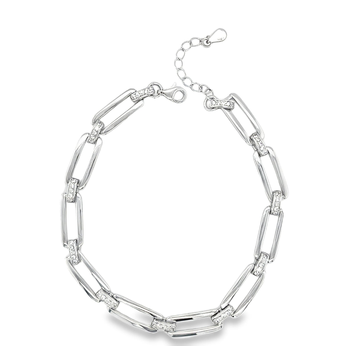Sterling Silver Long Link Bracelet with CZ Detail