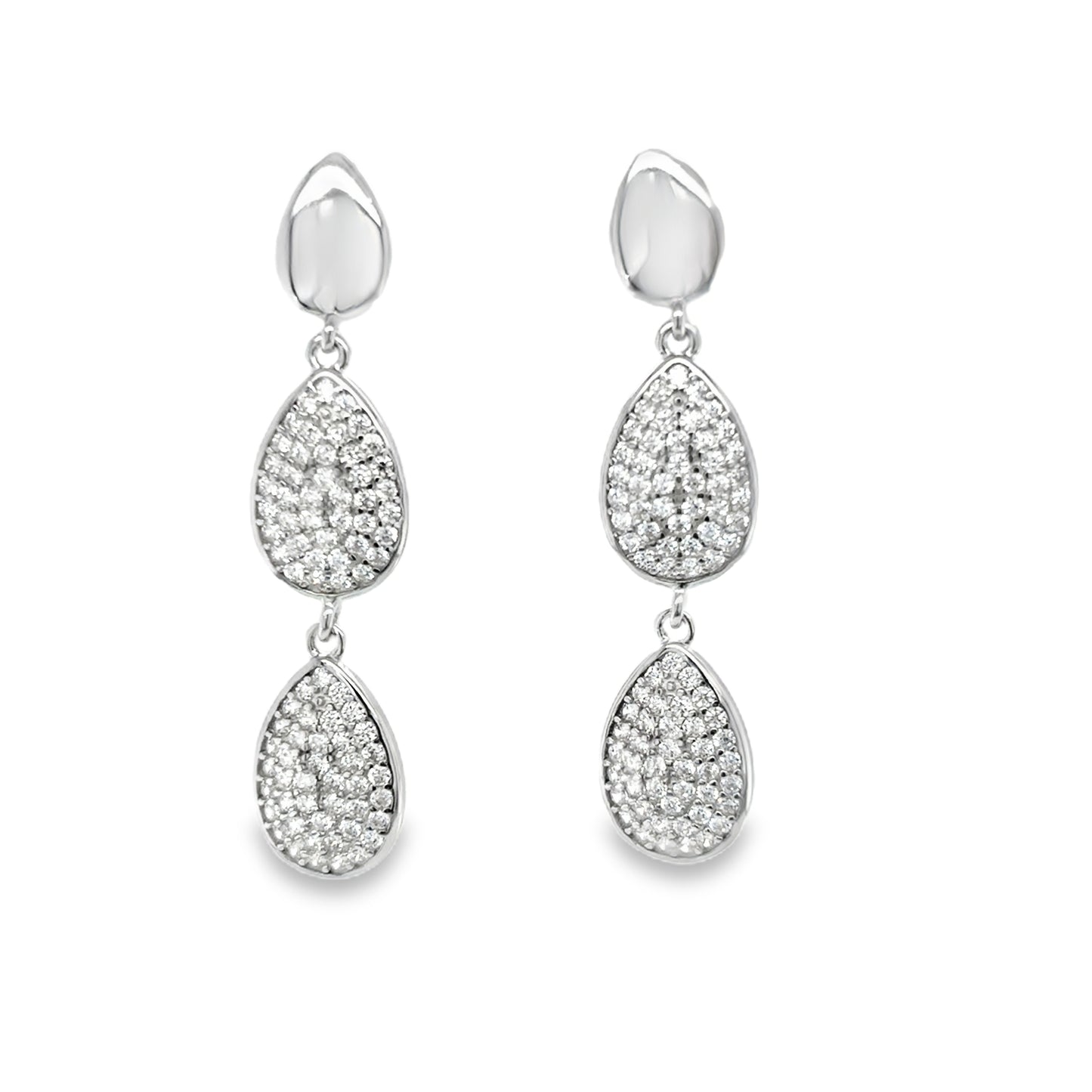 sterling Silver CZ and Polished Triple Pear Drop Earrings