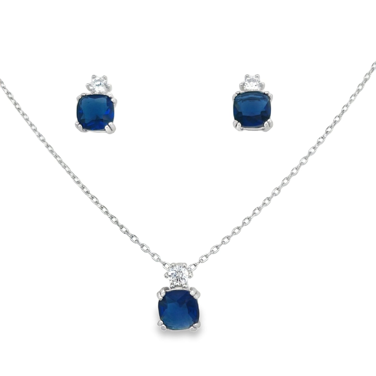 Sterling Silver Cushion Cut Blue CZ Earring and Pendant Set with CZ Detail