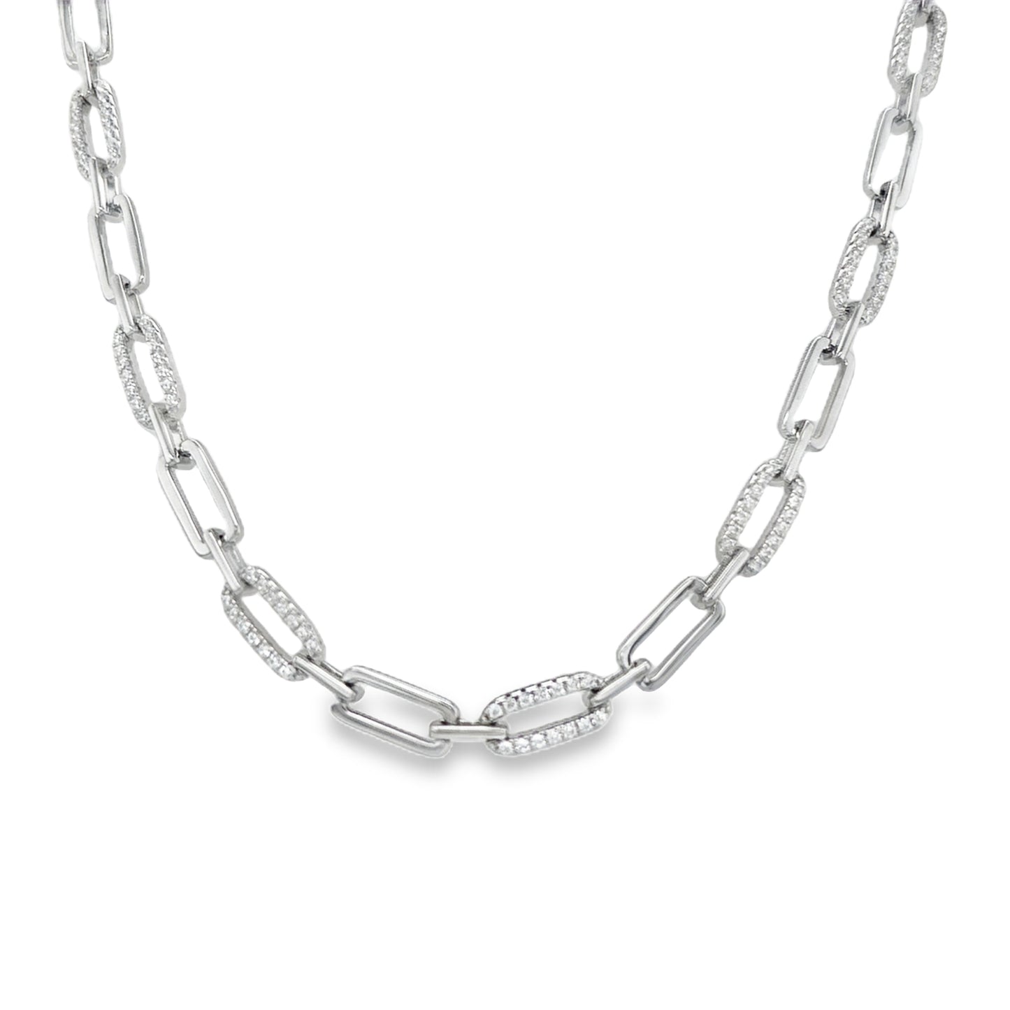 Sterling Silver CZ and Polished Open Rectangular Link Necklet