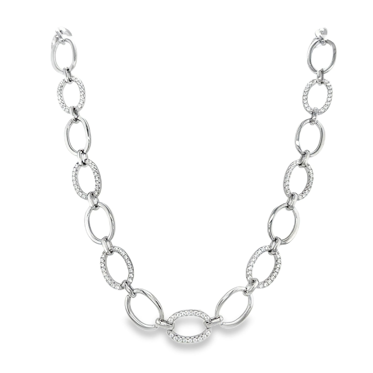 Sterling Silver CZ and Polished Graduated Open Oval Link Necklet