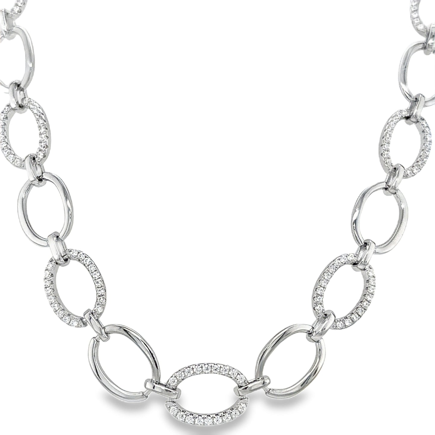 Sterling Silver CZ and Polished Graduated Open Oval Link Necklet