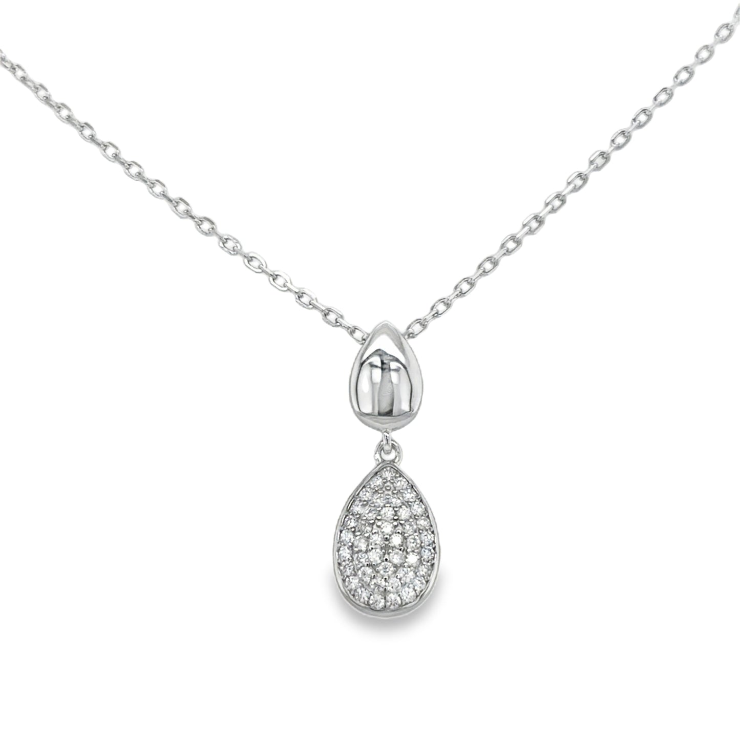 Sterling Silver CZ and Polished Pear Double Drop Pendant