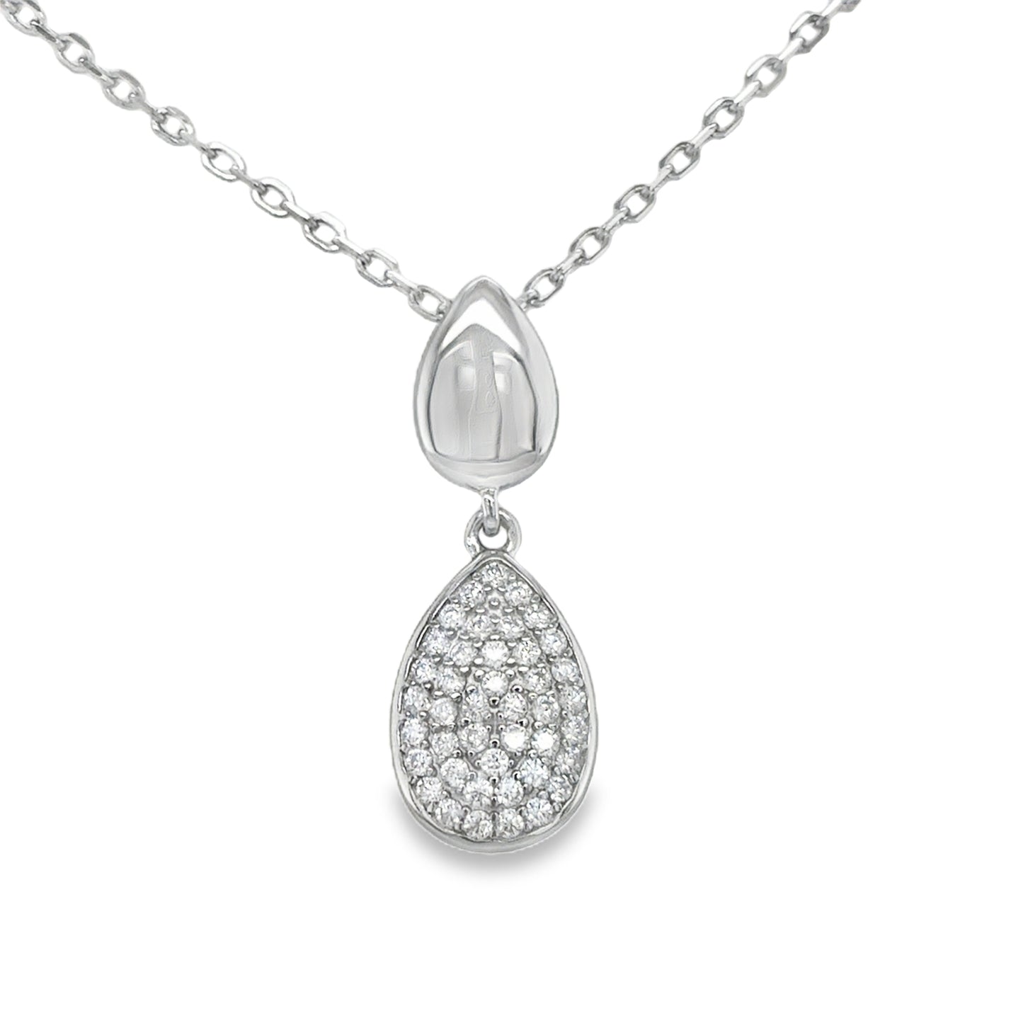 Sterling Silver CZ and Polished Pear Double Drop Pendant