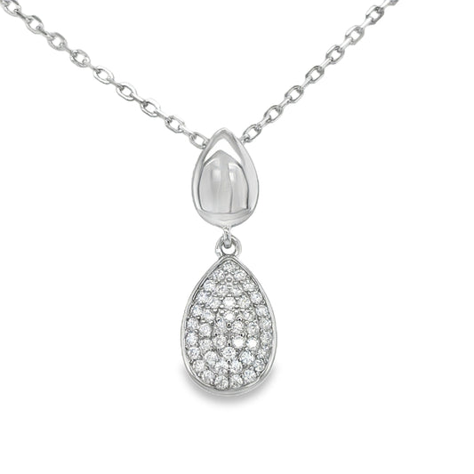 Sterling Silver CZ and Polished Pear Double Drop Pendant