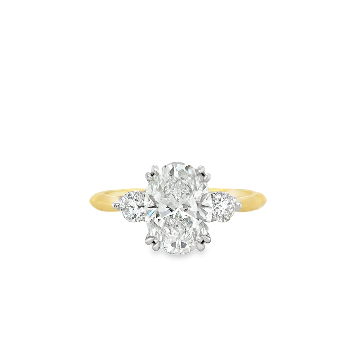18ct 3 Stone Oval Cultured Diamond Ring With Round Brilliant Shoulders & Hidden Halo 2.45ct