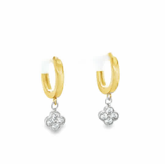 Sterling Silver Gold Plated CZ Clover Drop Huggie Earrings