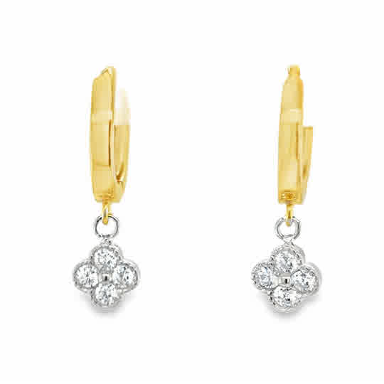 Sterling Silver Gold Plated CZ Clover Drop Huggie Earrings