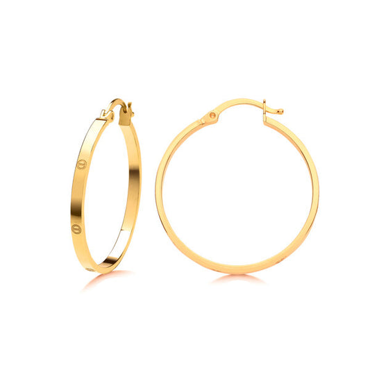 9ct Flat Hoop 27mm Earrings With Screw Motif