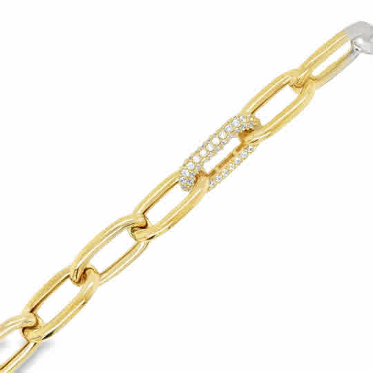 9ct Yellow Gold Open Oval Link Bracelet with Pave CZ Link and Bolt Ring