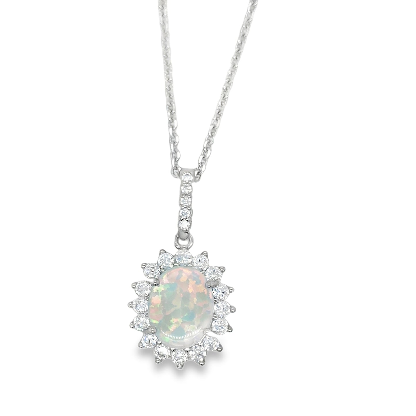 Sterling Silver CZ Opal Oval Cluster Pendant