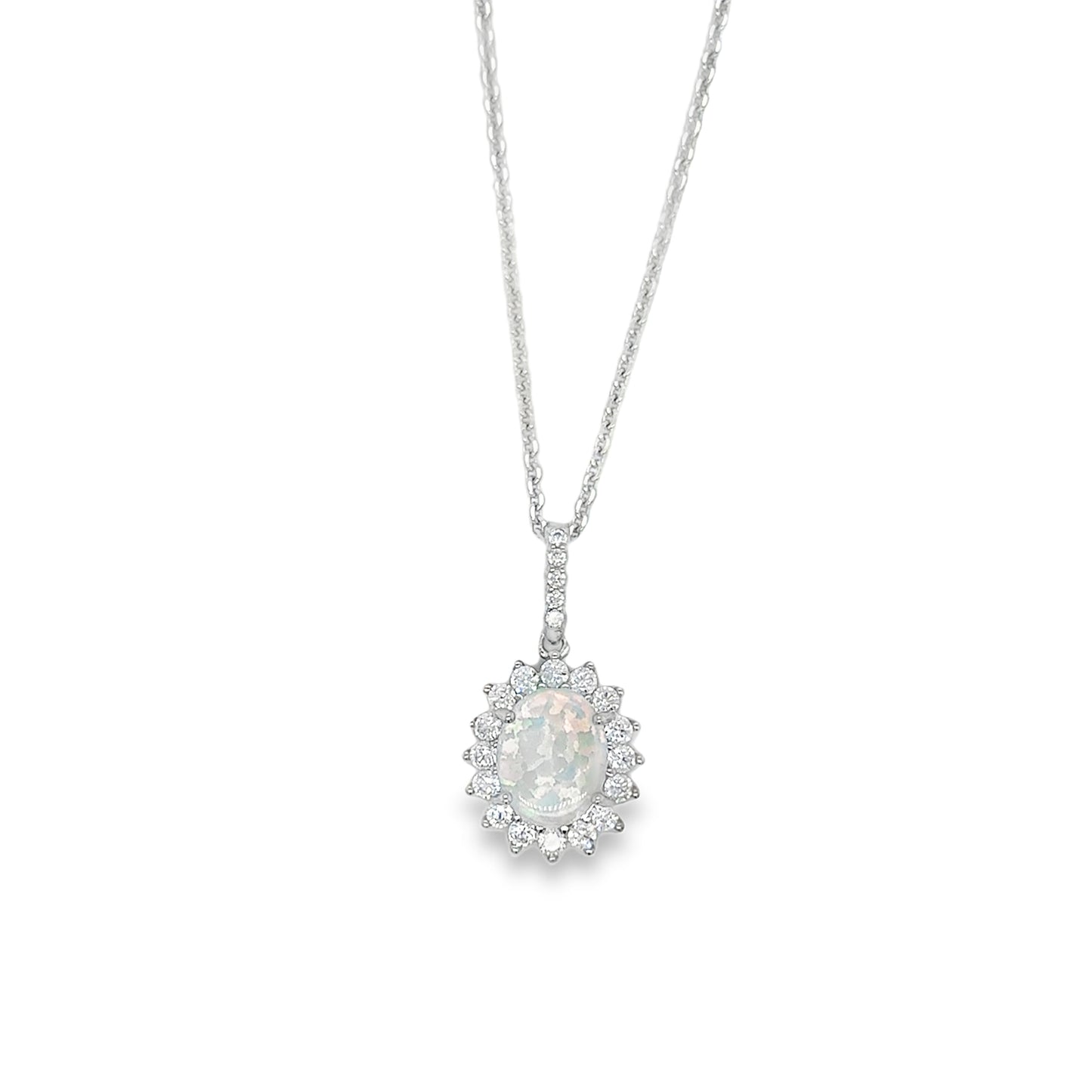 Sterling Silver CZ Opal Oval Cluster Pendant