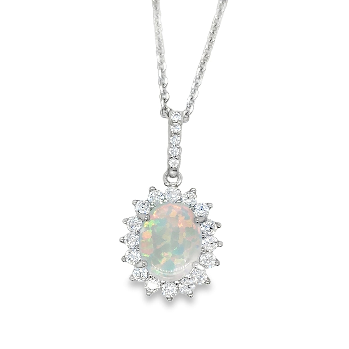 Sterling Silver CZ Opal Oval Cluster Pendant