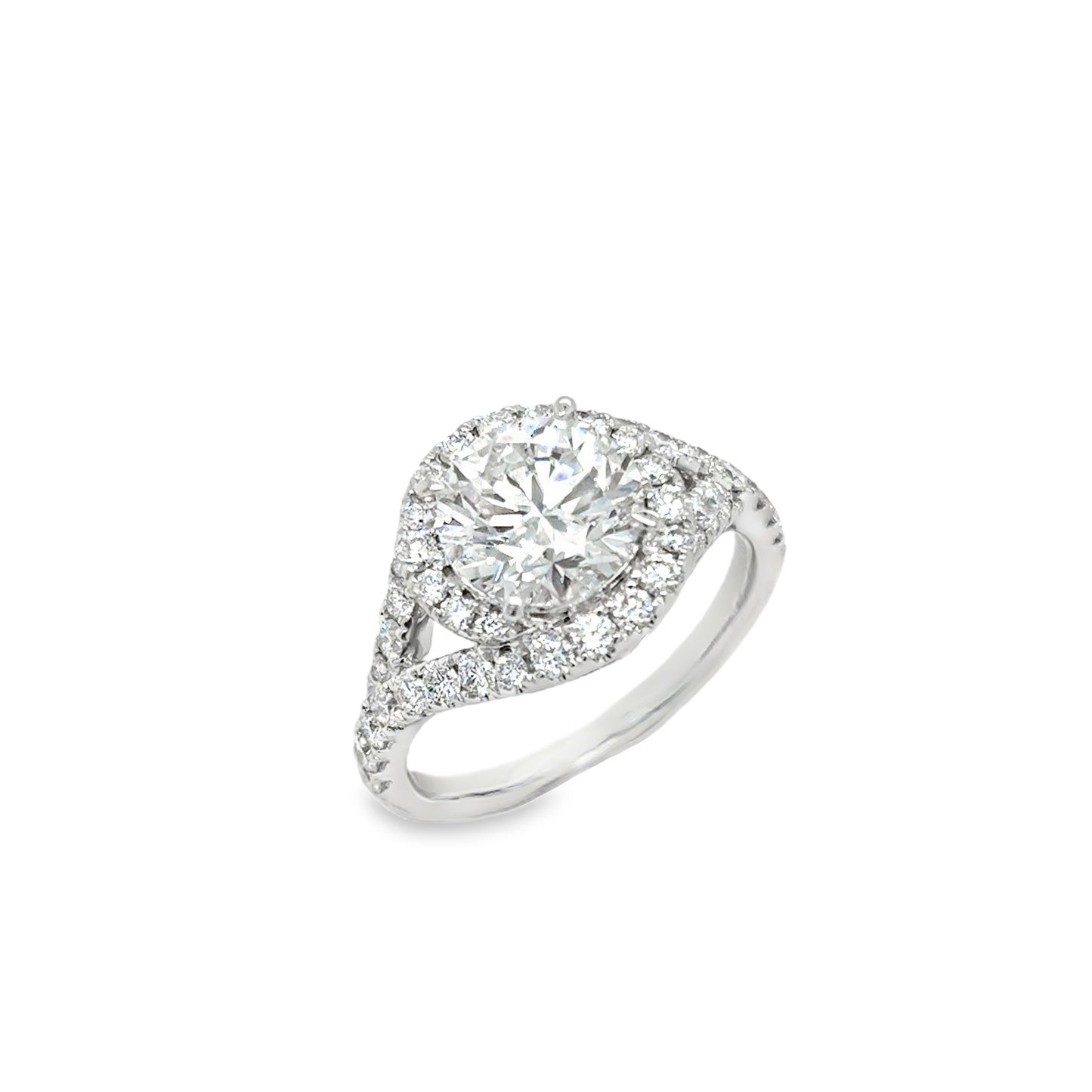 9ct White Gold Round Brilliant Cultured Diamond Ring With Twist Halo & Split Set Shoul
