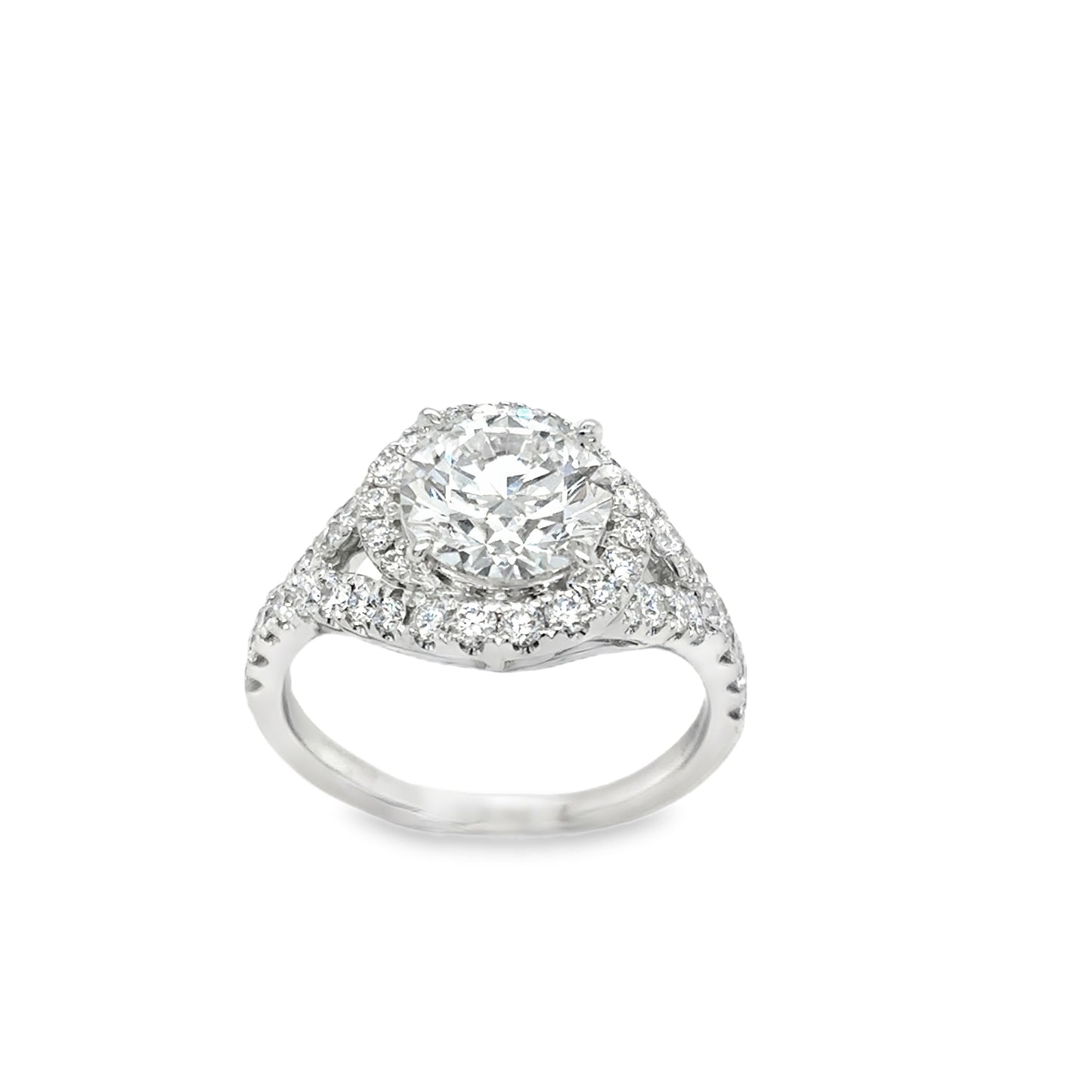 9ct White Gold Round Brilliant Cultured Diamond Ring With Twist Halo & Split Set Shoul