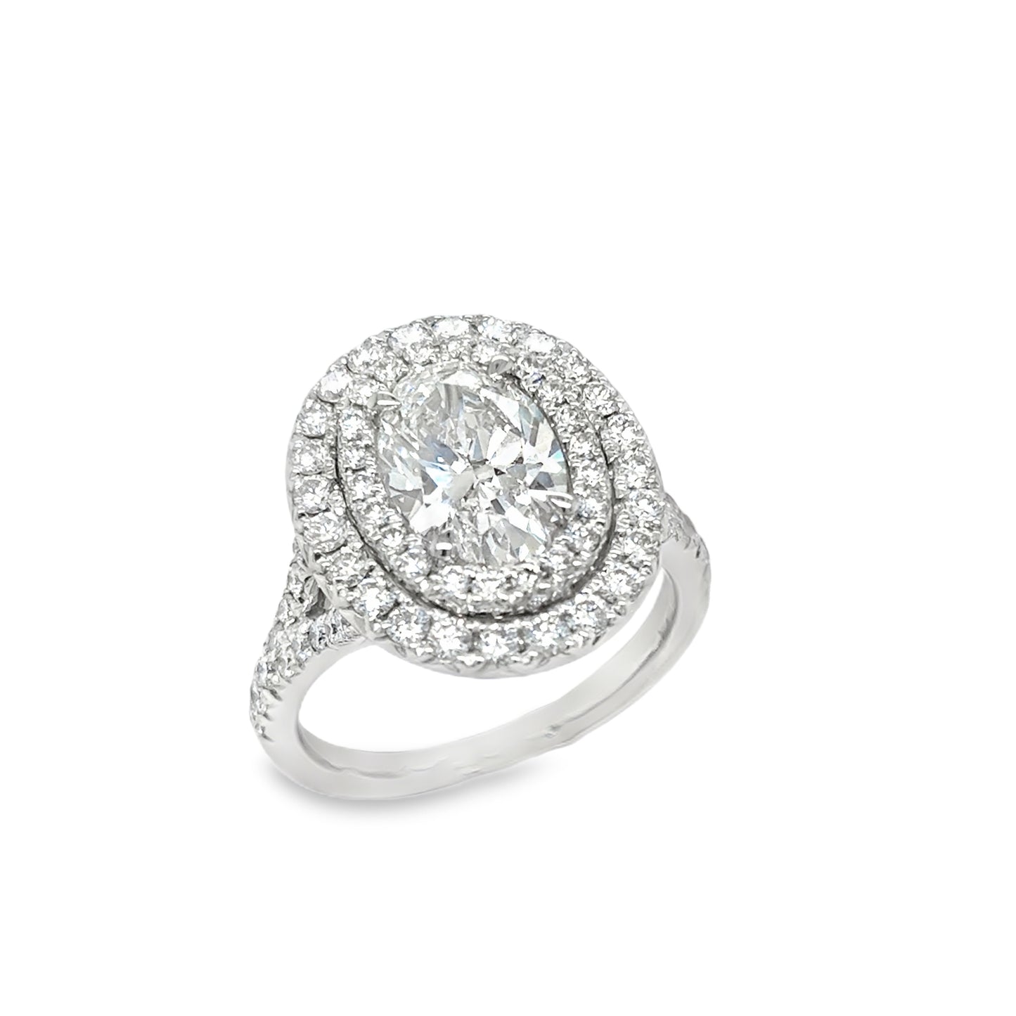 Platinum Oval Cultured Diamond Ring With Double Halo & Split Stone Set Shoulders 3.04c