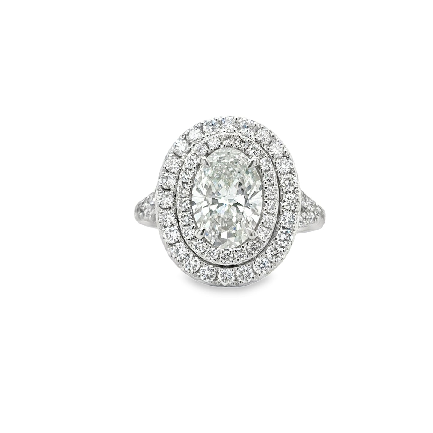 Platinum Oval Cultured Diamond Ring With Double Halo & Split Stone Set Shoulders 3.04c