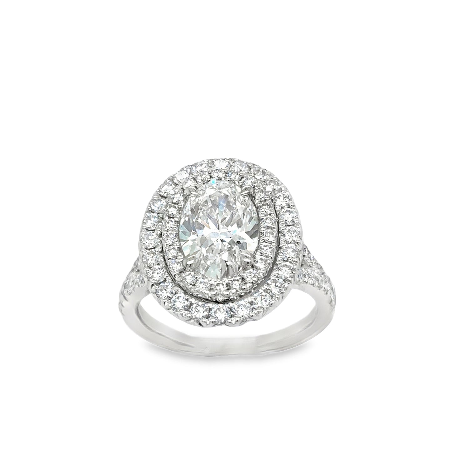 Platinum Oval Cultured Diamond Ring With Double Halo & Split Stone Set Shoulders 3.04c