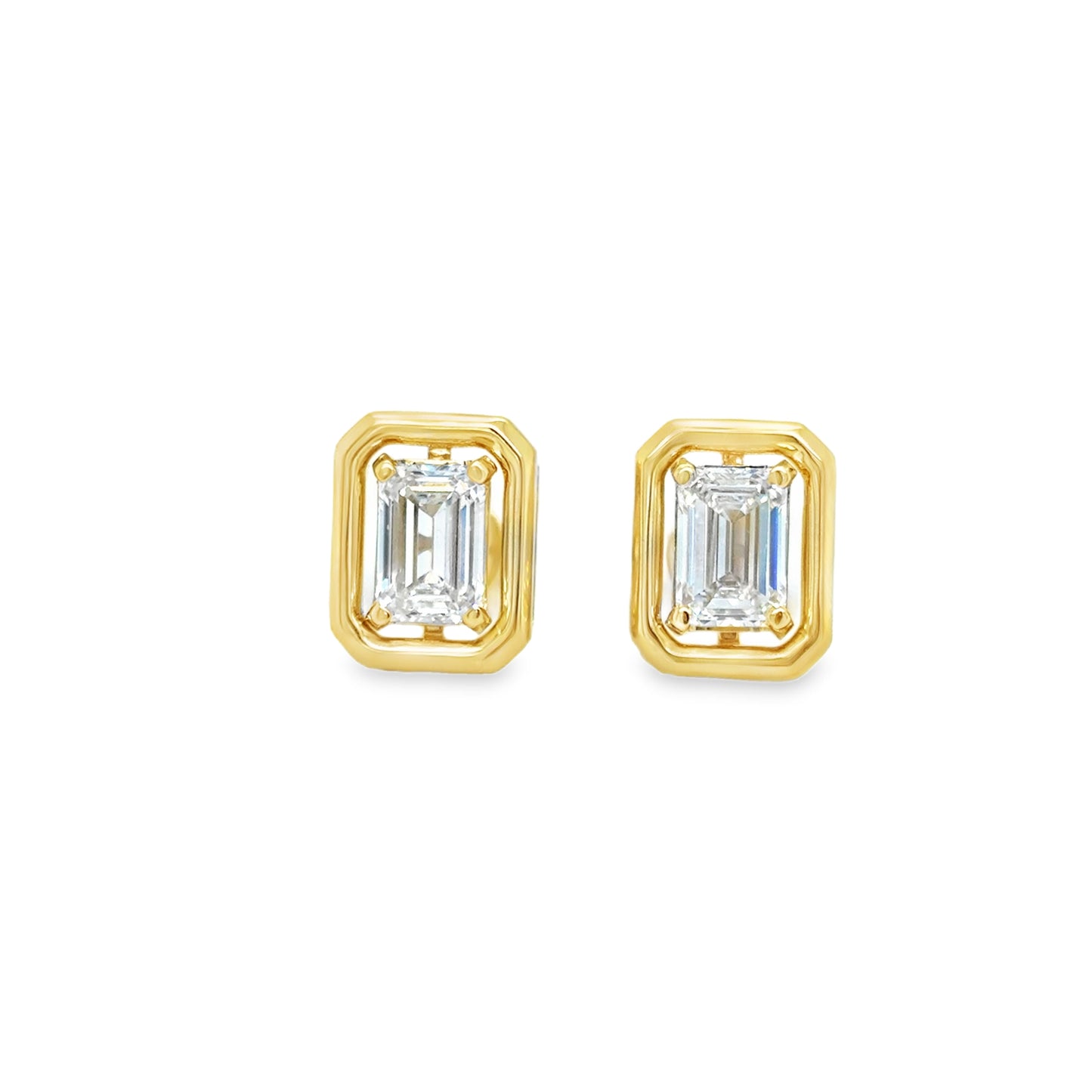 9ct Emerald Cut Cultured Diamond Earrings With Bezel Effect 2.01ct
