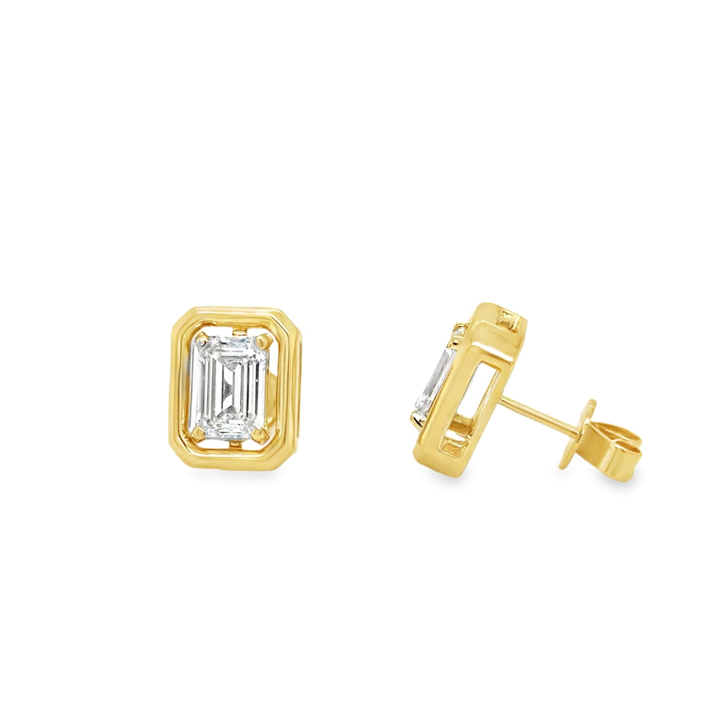 9ct Emerald Cut Cultured Diamond Earrings With Bezel Effect 2.01ct