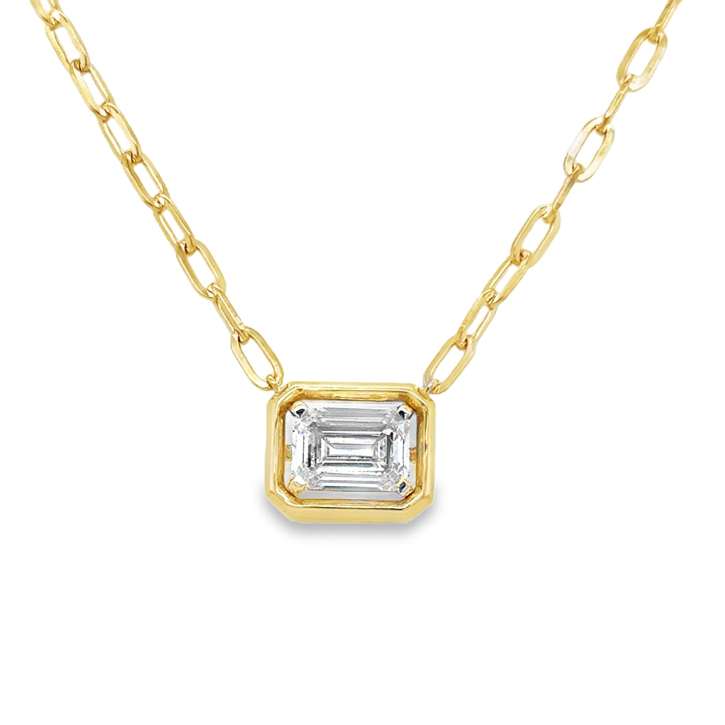 9ct Yellow Gold Emerald Cut Solitaire Cultured Diamond Open Pendant 2.01ct