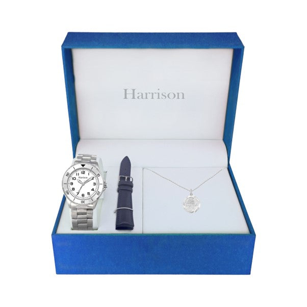Kids Stainless Steel Communion Watch Set with St. Christopher Medal and Extra Blue Strap